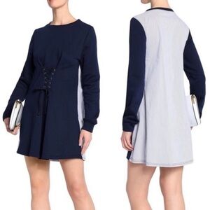 Walter Baker Anne Lace-up French Terry Striped Poplin Mini Dress Midnight blue